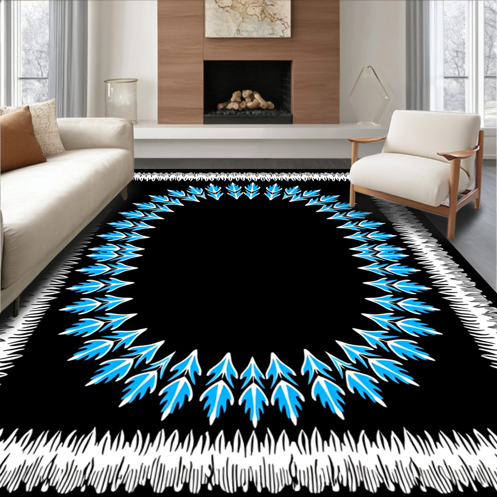 White Fringed Blue Leaf Border Rug