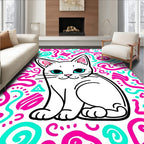 Cute White Cat Pink Teal Scribbles Rug