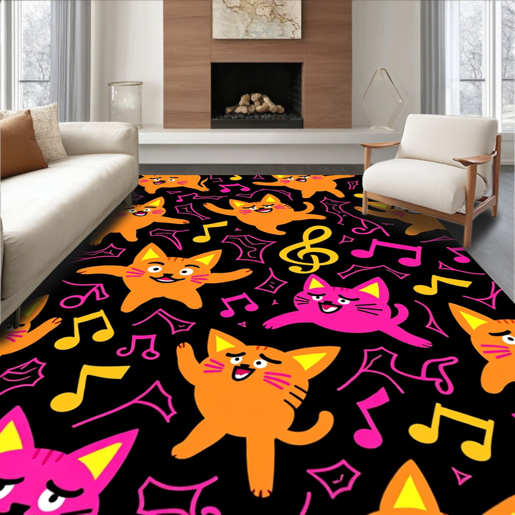 Whimsical Orange Pink Cats Music Notes Rug