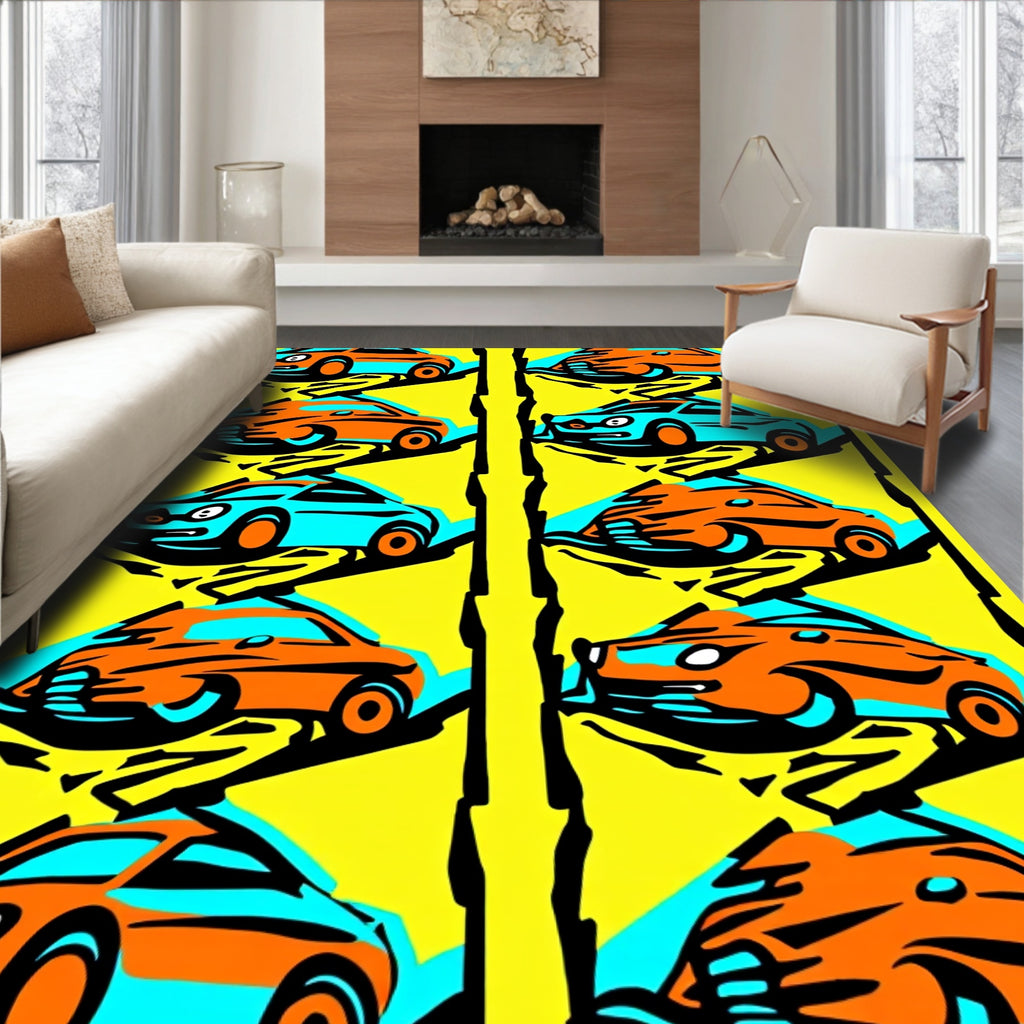 Orange Blue Retro Car Collage Rug