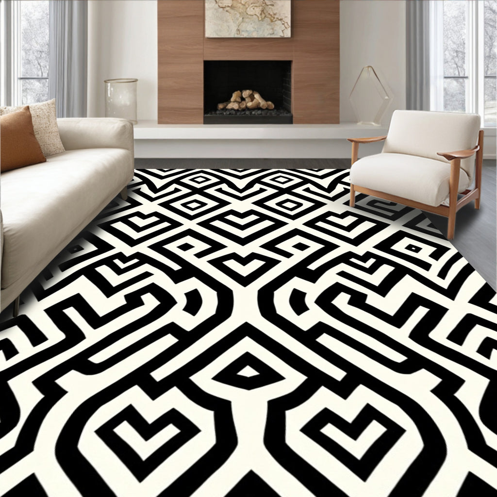 Bold Black White Interlocking Geometric Rug