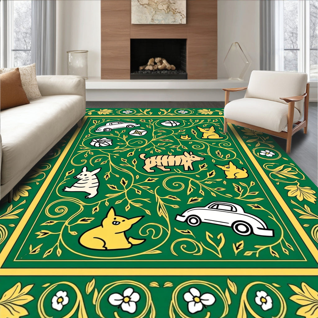 Emerald Green Botanical Animal Autos Rug