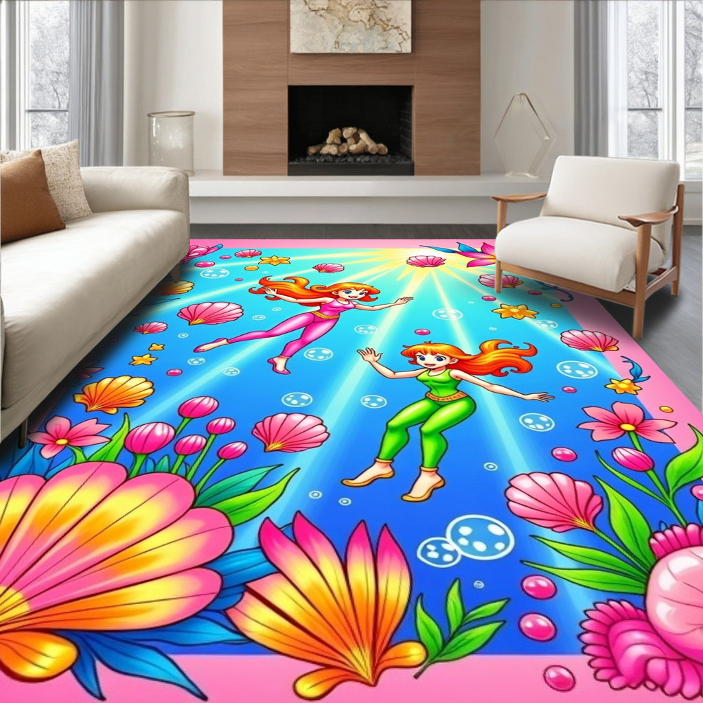 Whimsical Two Mermaids Underwater Garden Rug