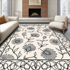 Monochrome Floral Vines Bordered Rug