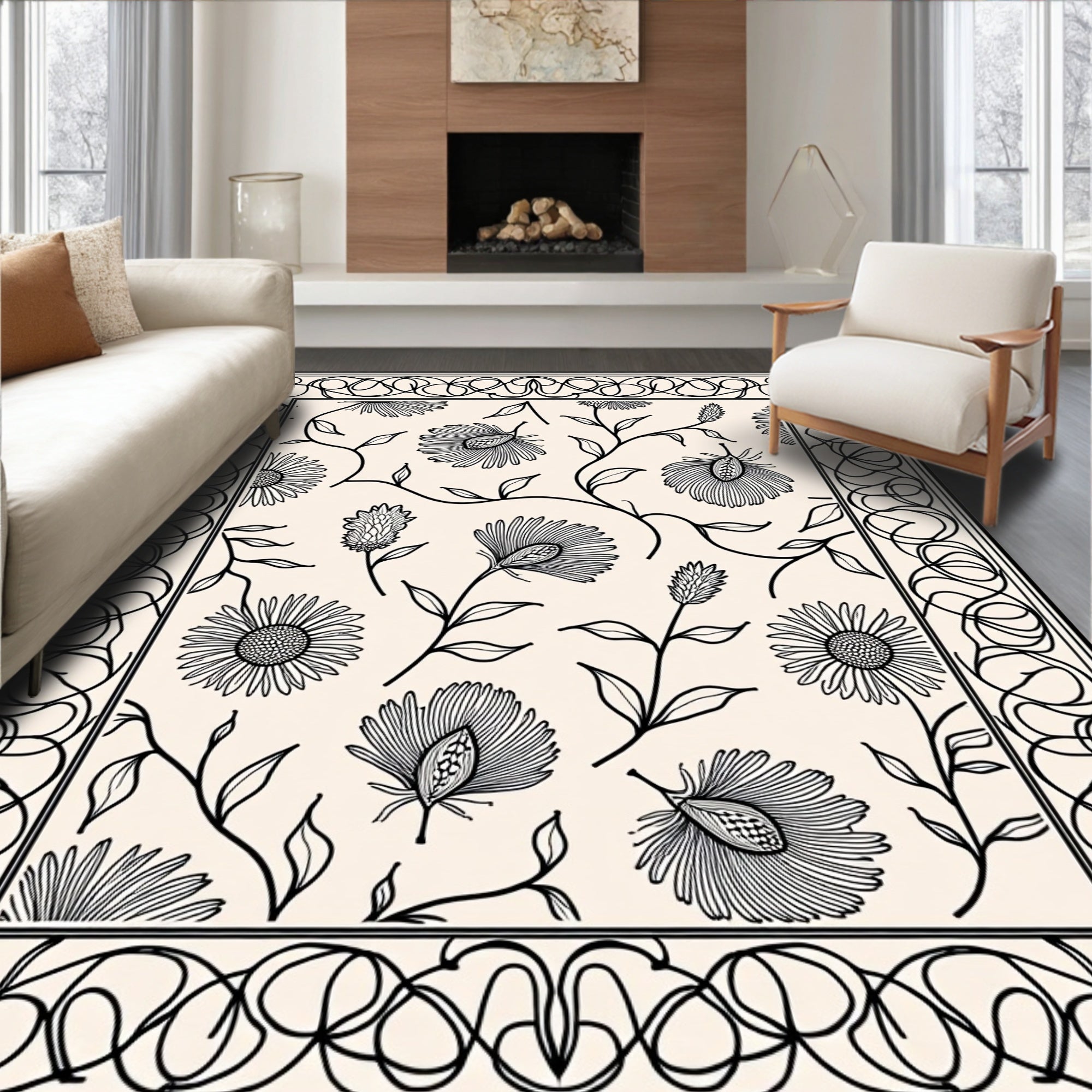 Monochrome Floral Vines Bordered Rug