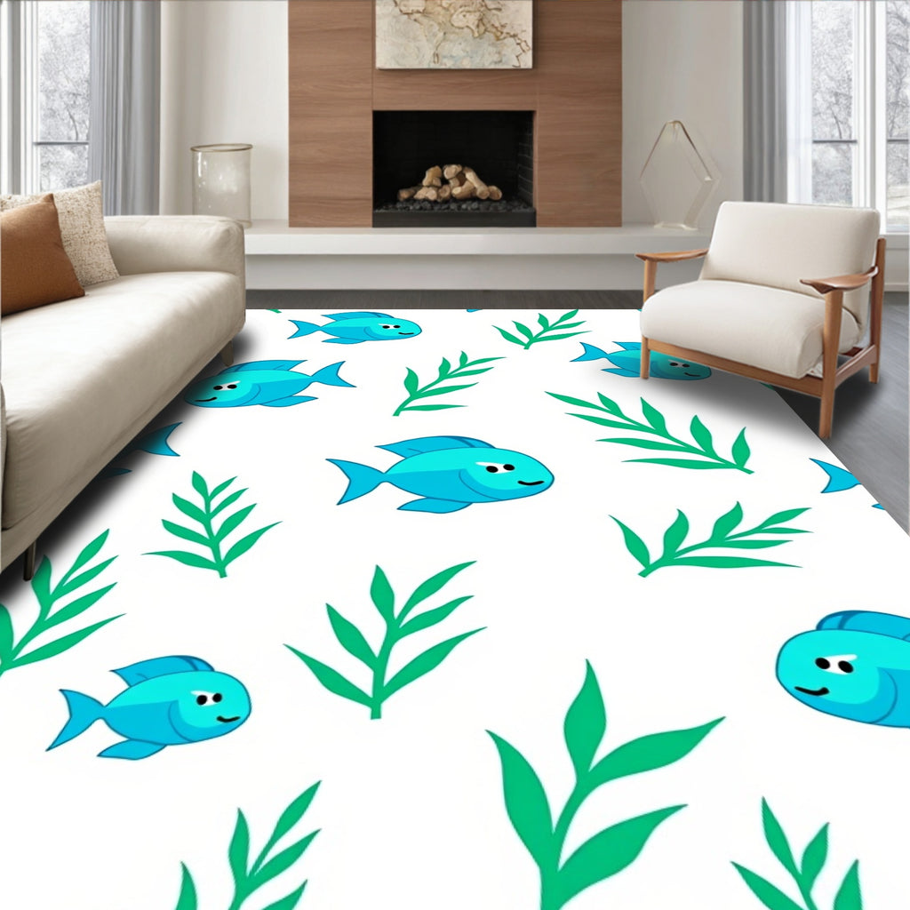 Cute Blue Fish Green Plants Rug
