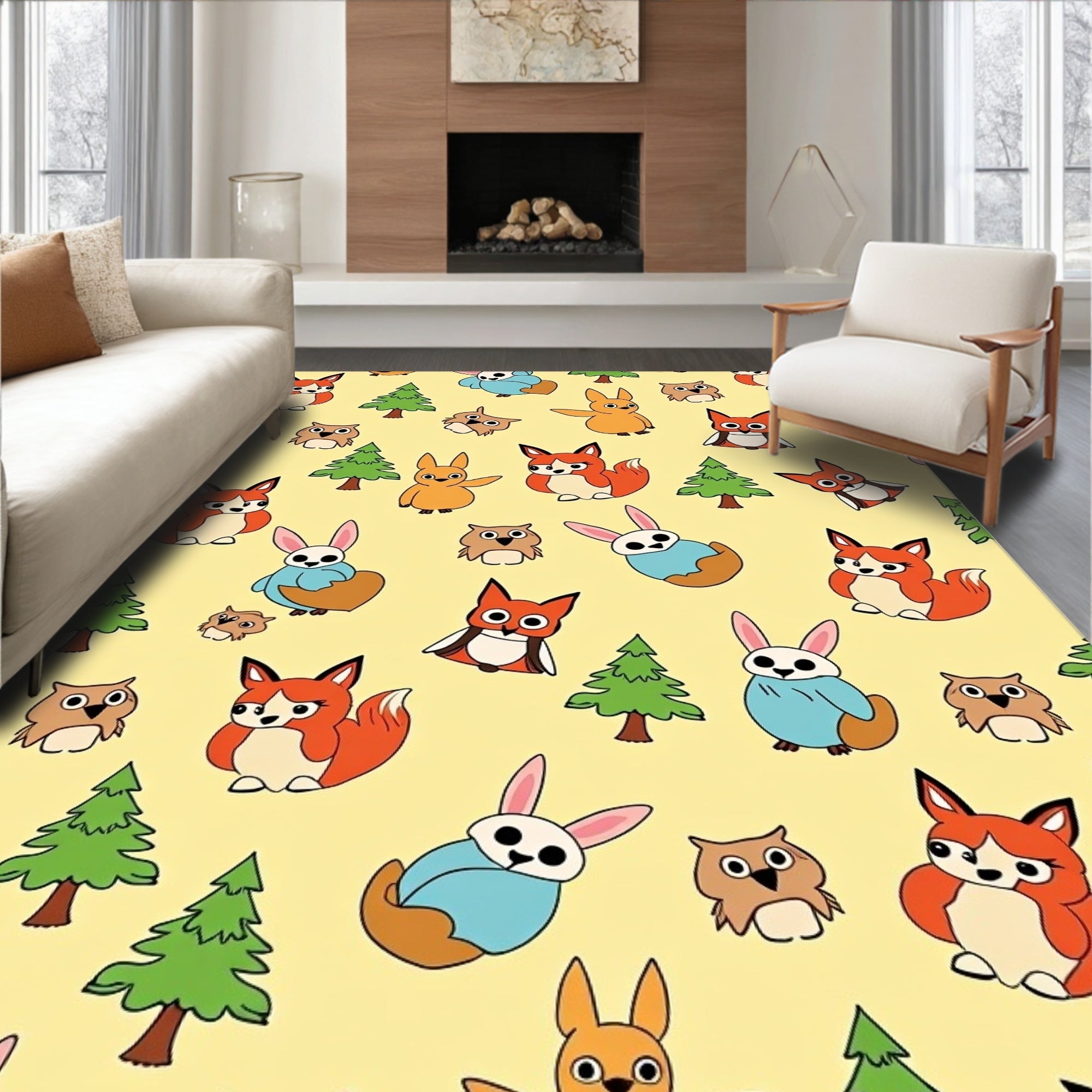 Whimsical Woodland Creatures Orange Fox Bunnies Owls Rug