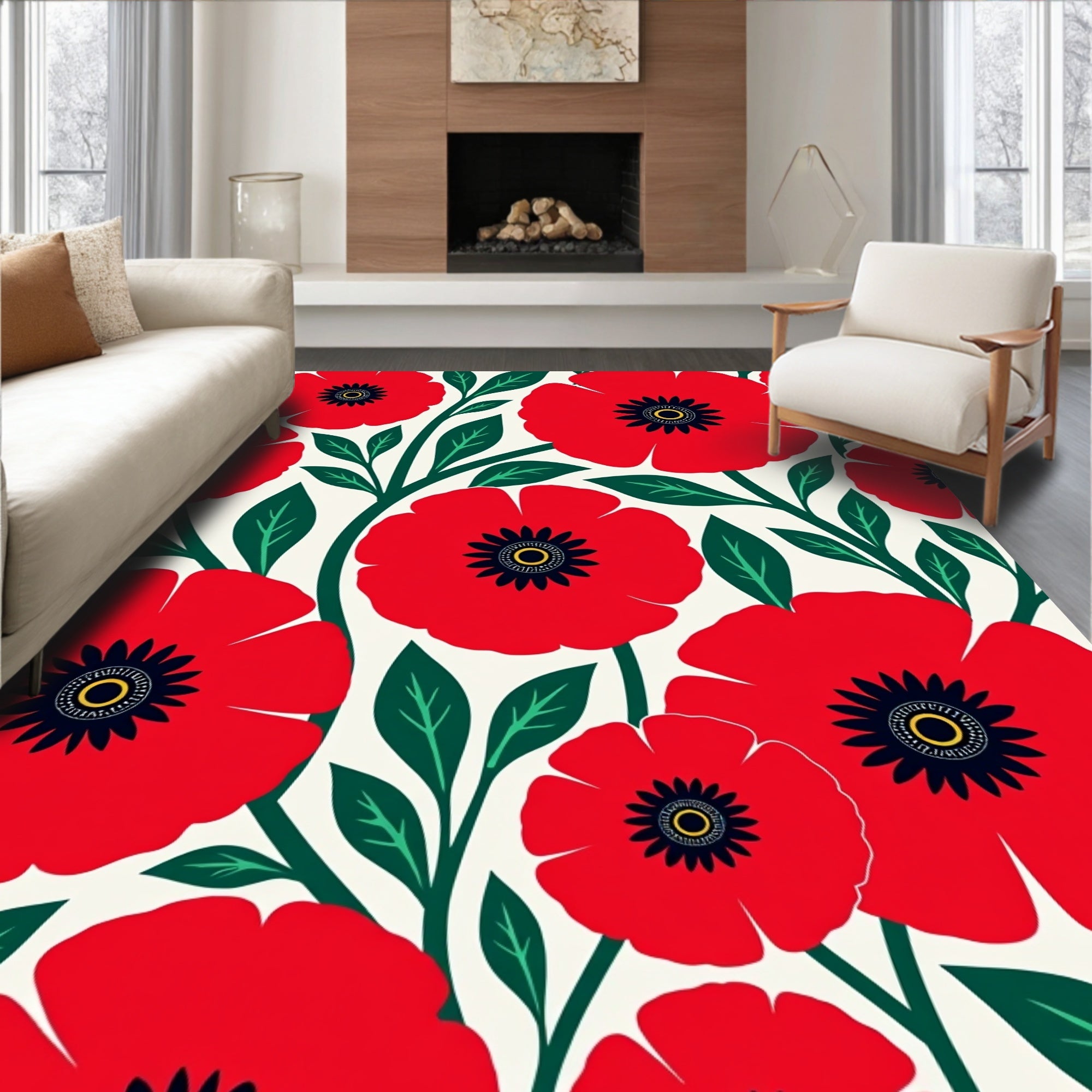 Crimson Poppy Blossom Floral Garden Rug