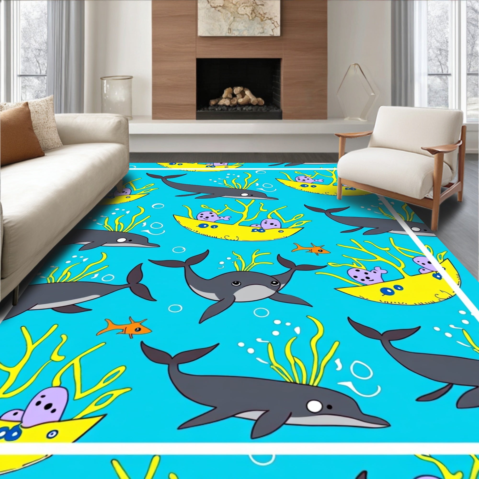 Dolphin Sea Creatures Yellow Boat Rug
