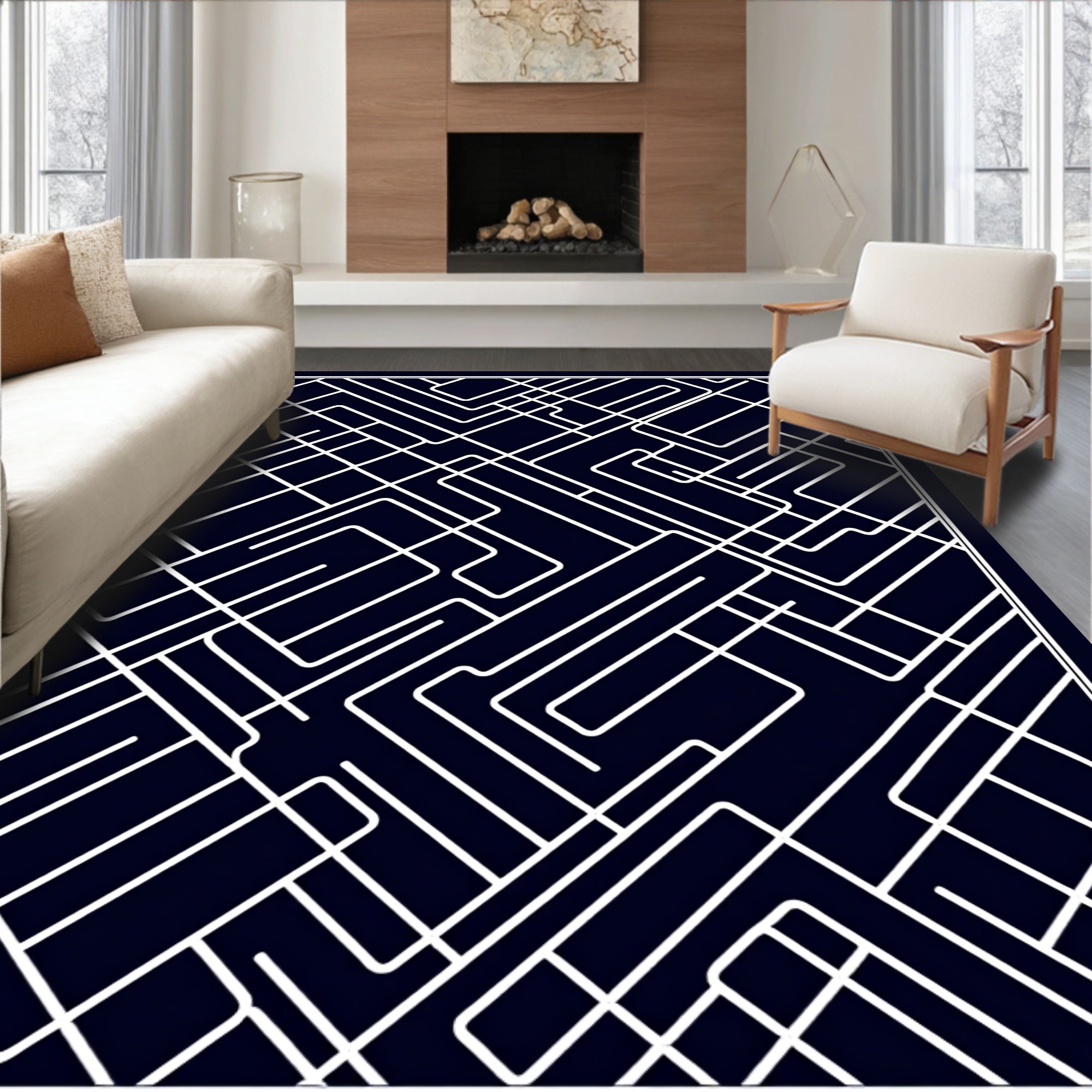 Navy White Interconnected Lines Rug