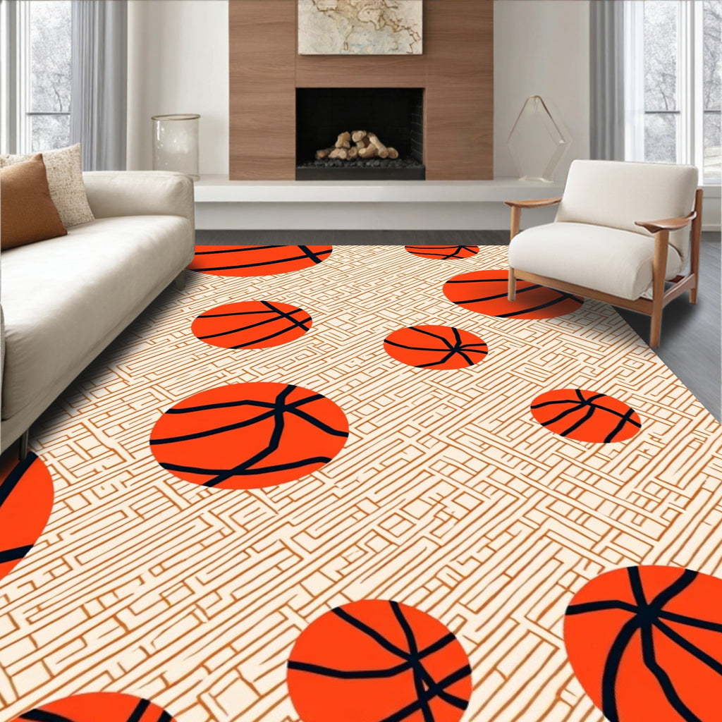 Vibrant Orange Basketball Maze Background Rug