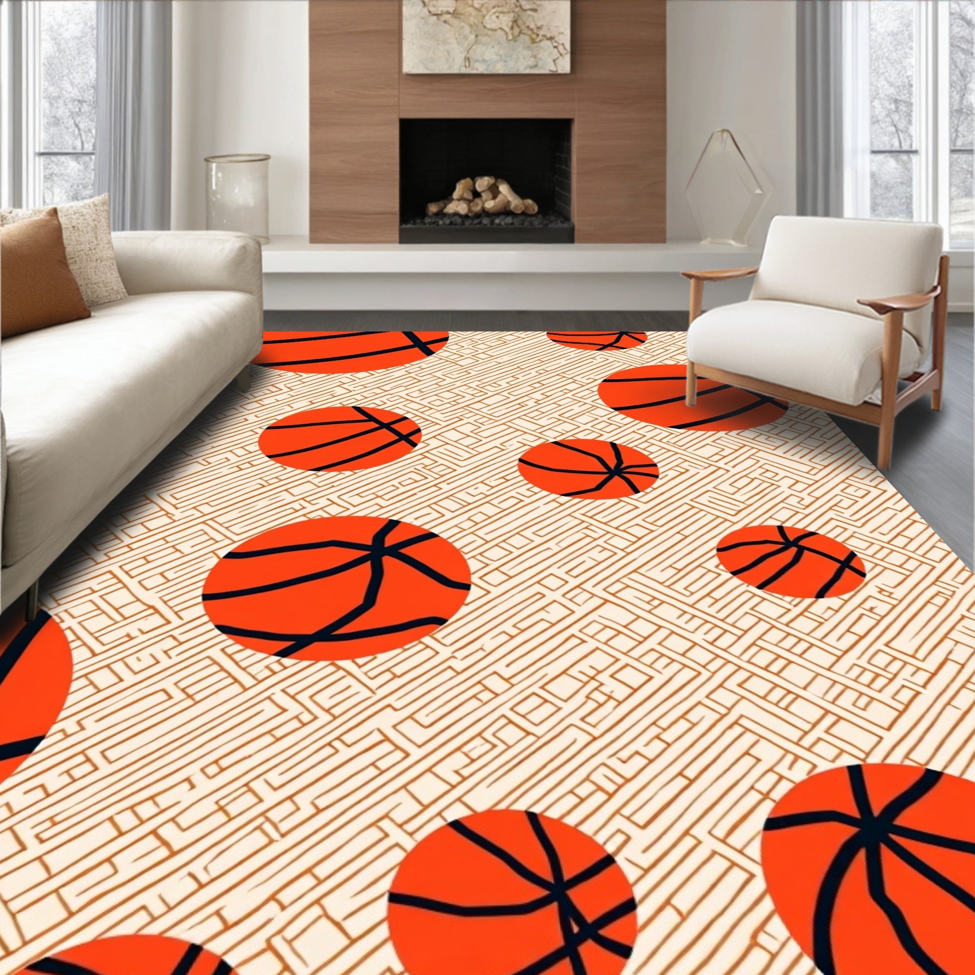 Vibrant Orange Basketball Maze Background Rug