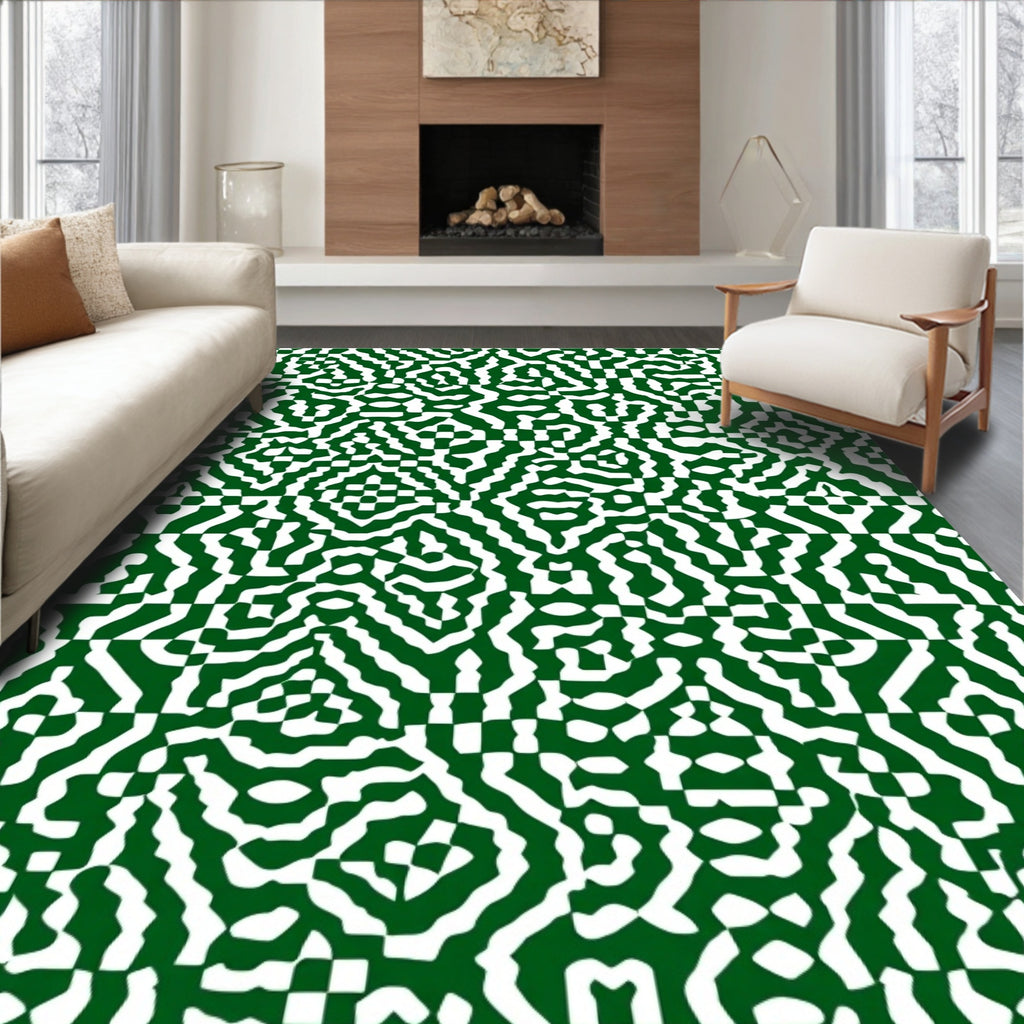 Emerald And White Interlocking Abstract Rug