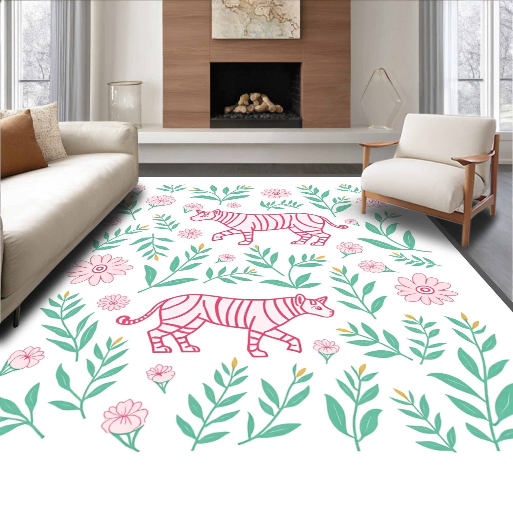 Pink Tigers Among Green Foliage Rug