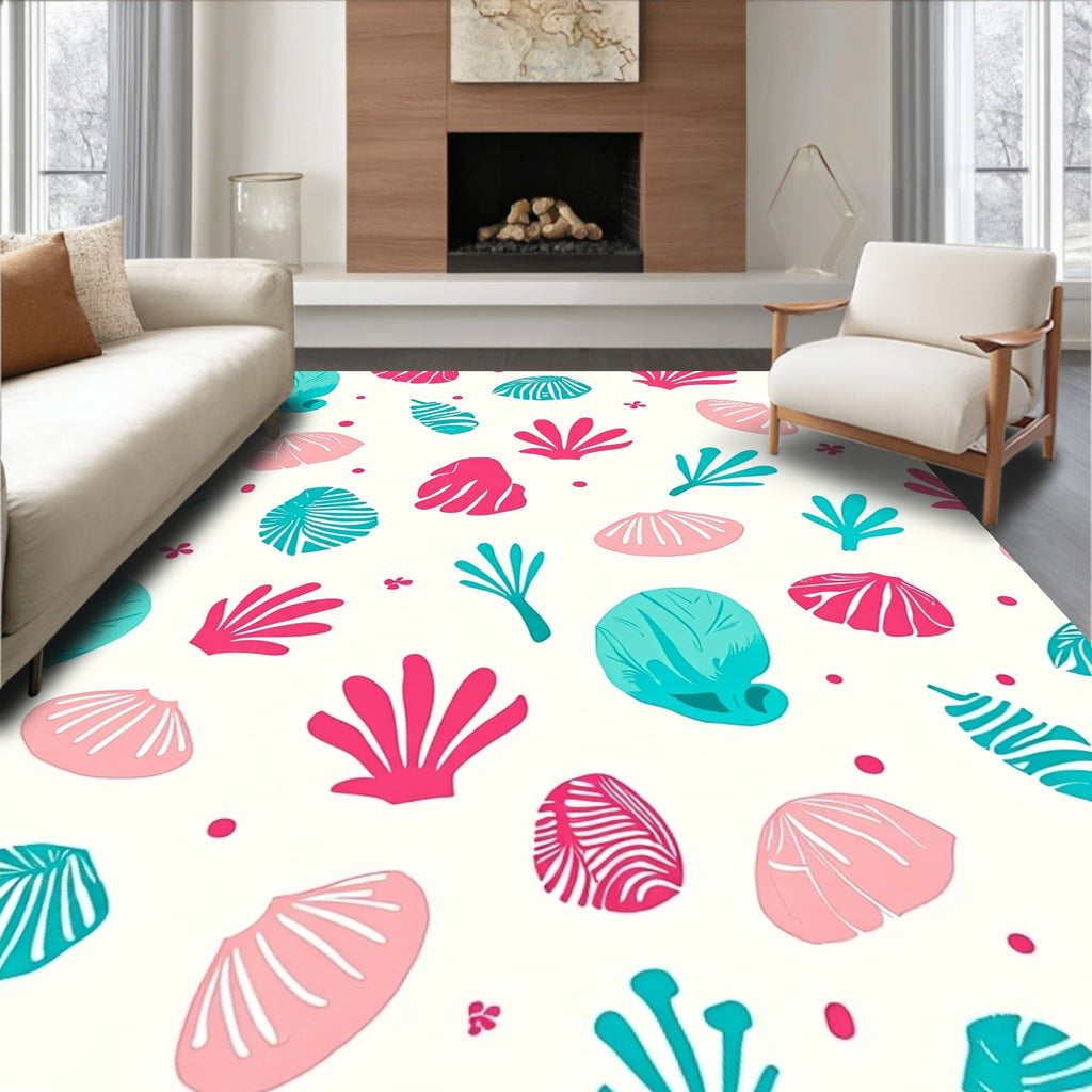 Coral Shells Aqua Pink White Rug