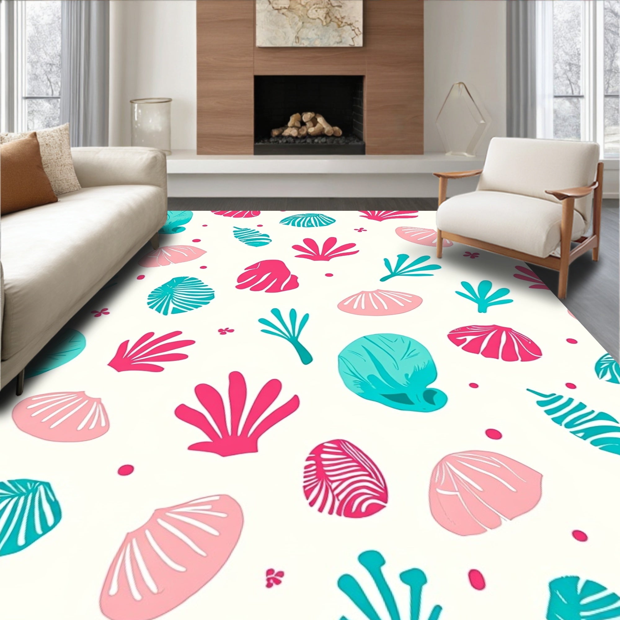 Coral Shells Aqua Pink White Rug