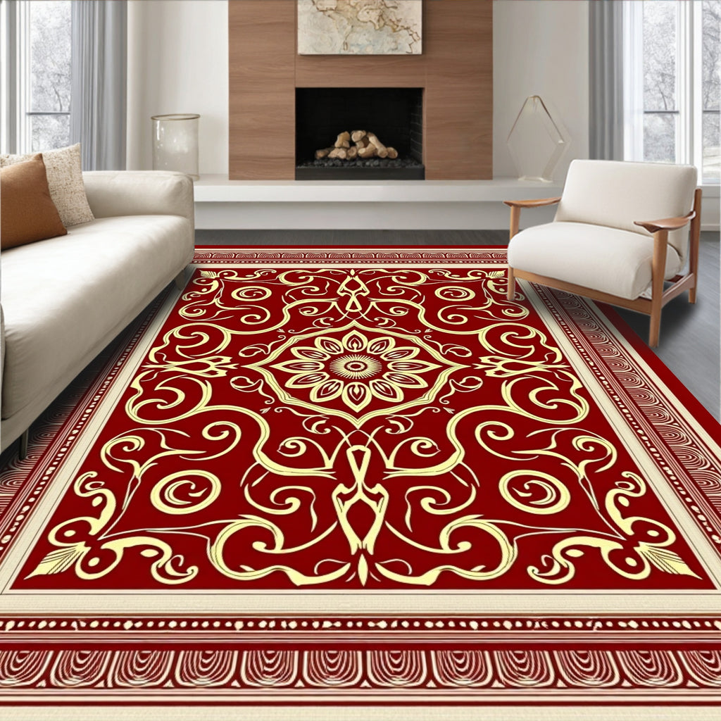 Rich Crimson Golden Scroll Medallion Rug