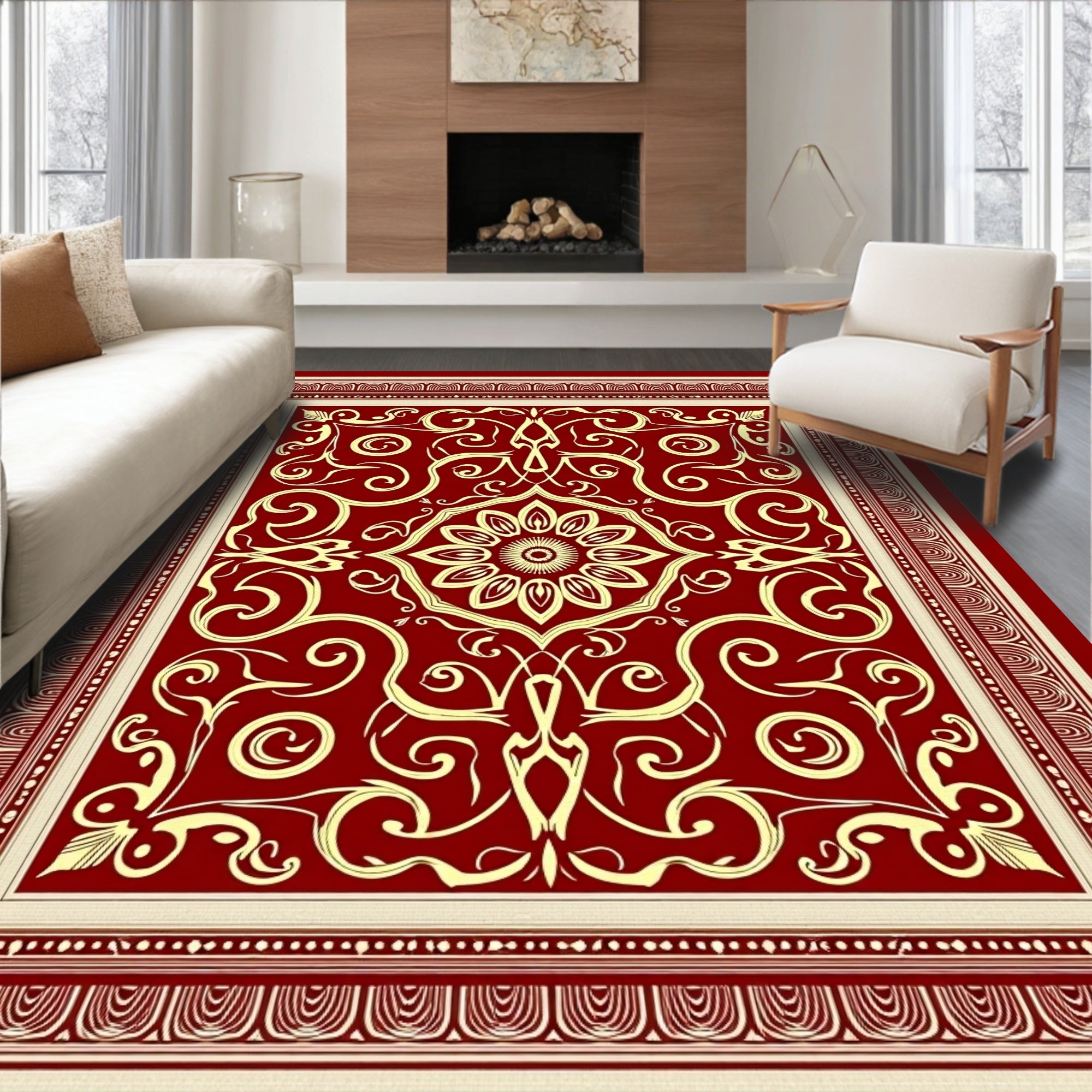 Rich Crimson Golden Scroll Medallion Rug