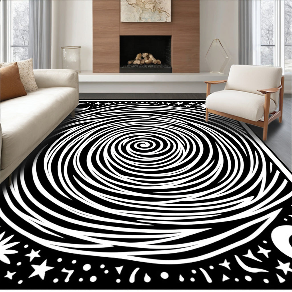 Cosmic Black White Swirl Moon Stars Rug