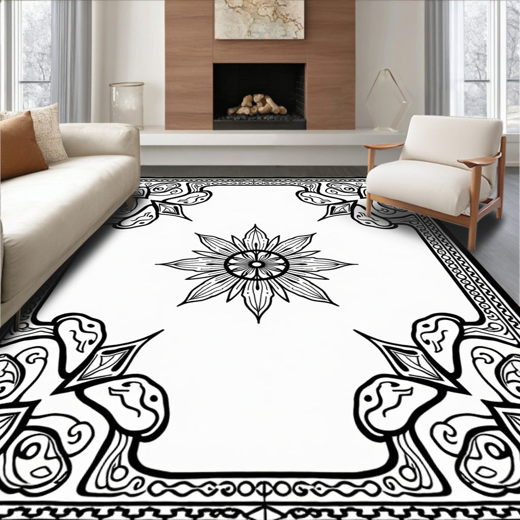 Monochromatic Floral Medallion Bordered Rug