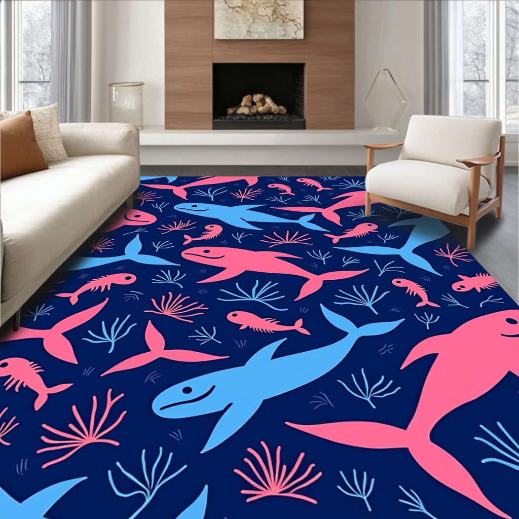Pink Blue Whales Coral Navy Rug