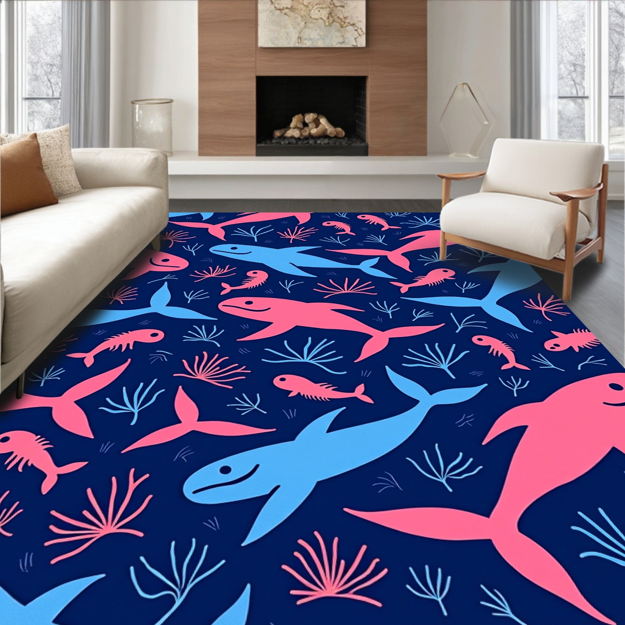 Pink Blue Whales Coral Navy Rug