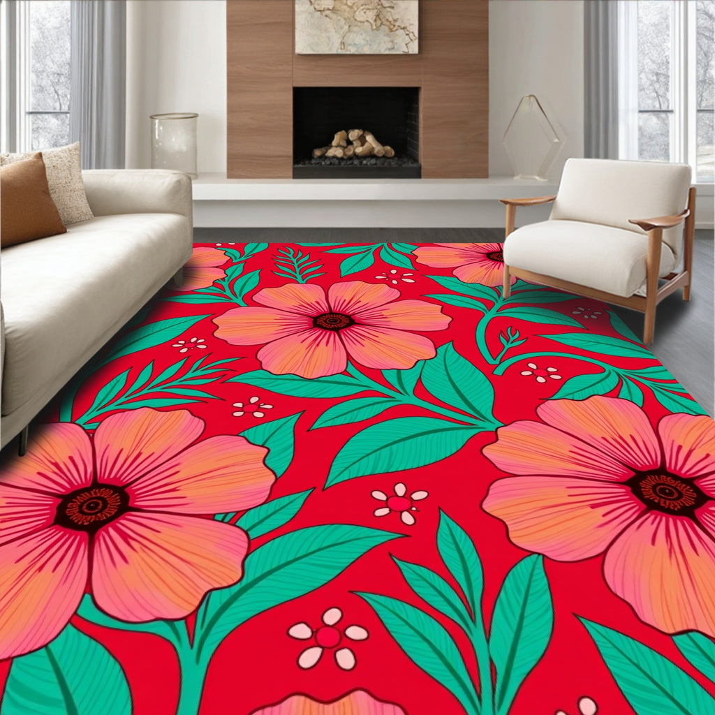 Vibrant Coral Floral Foliage Background Rug