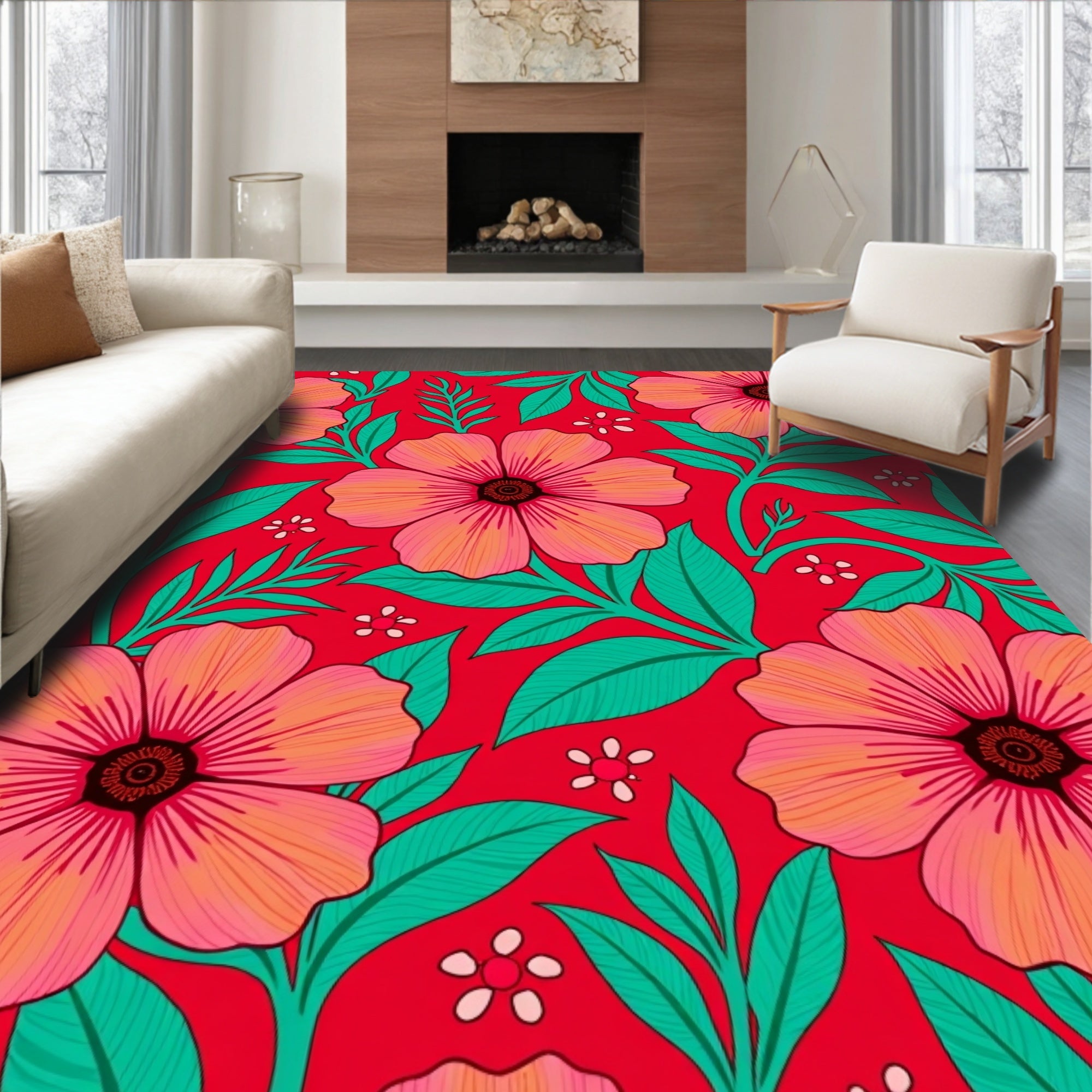 Vibrant Coral Floral Foliage Background Rug