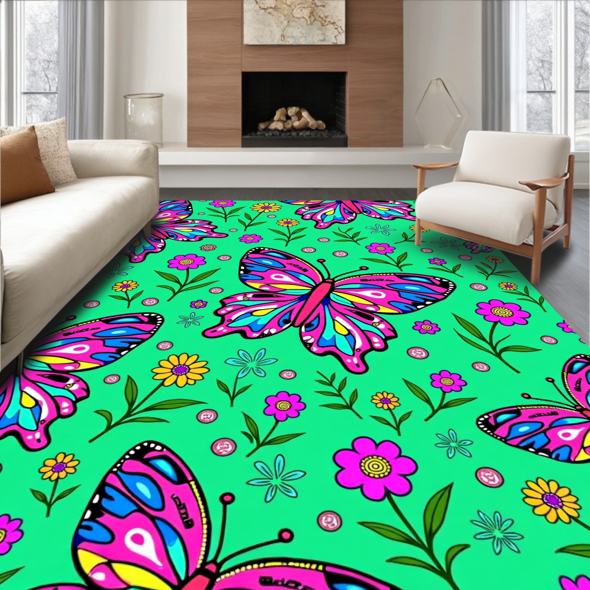 Vibrant Pink Butterfly Garden Flora Rug