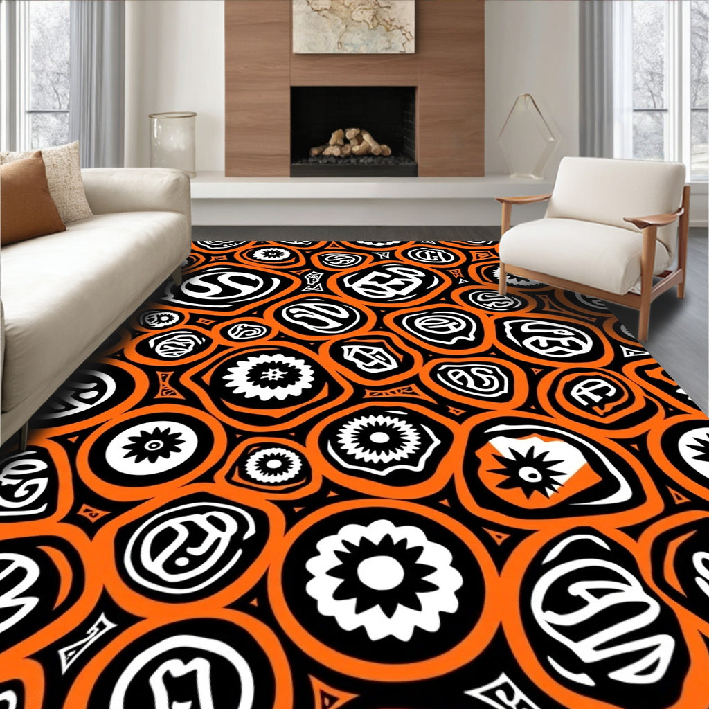 Bold Orange Black White Tribal Forms Rug