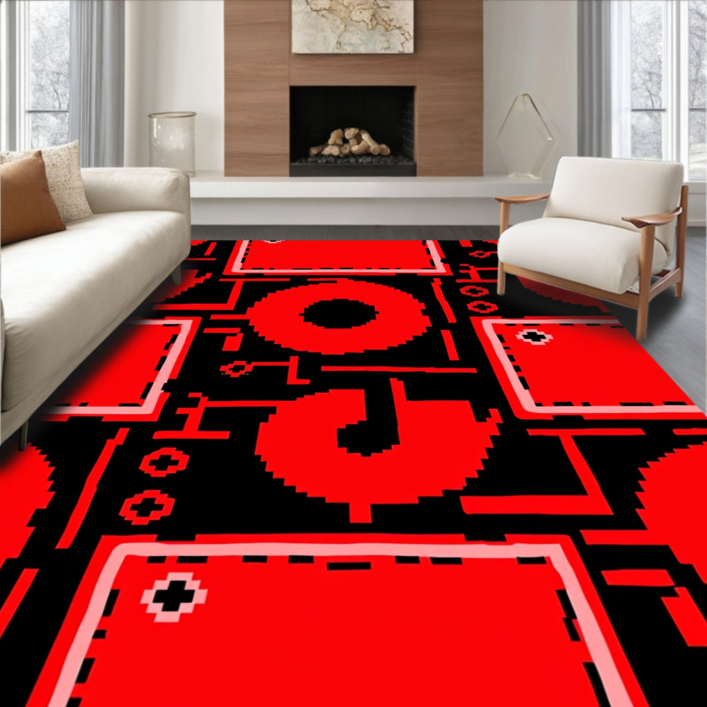 Bold Red Geometric Pixelated Grid Rug