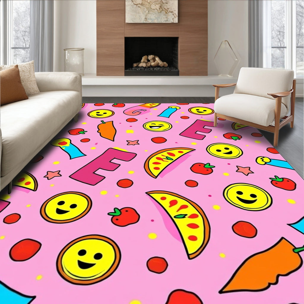 Pink Playful Pizza Smiley Emoticon Elements Rug
