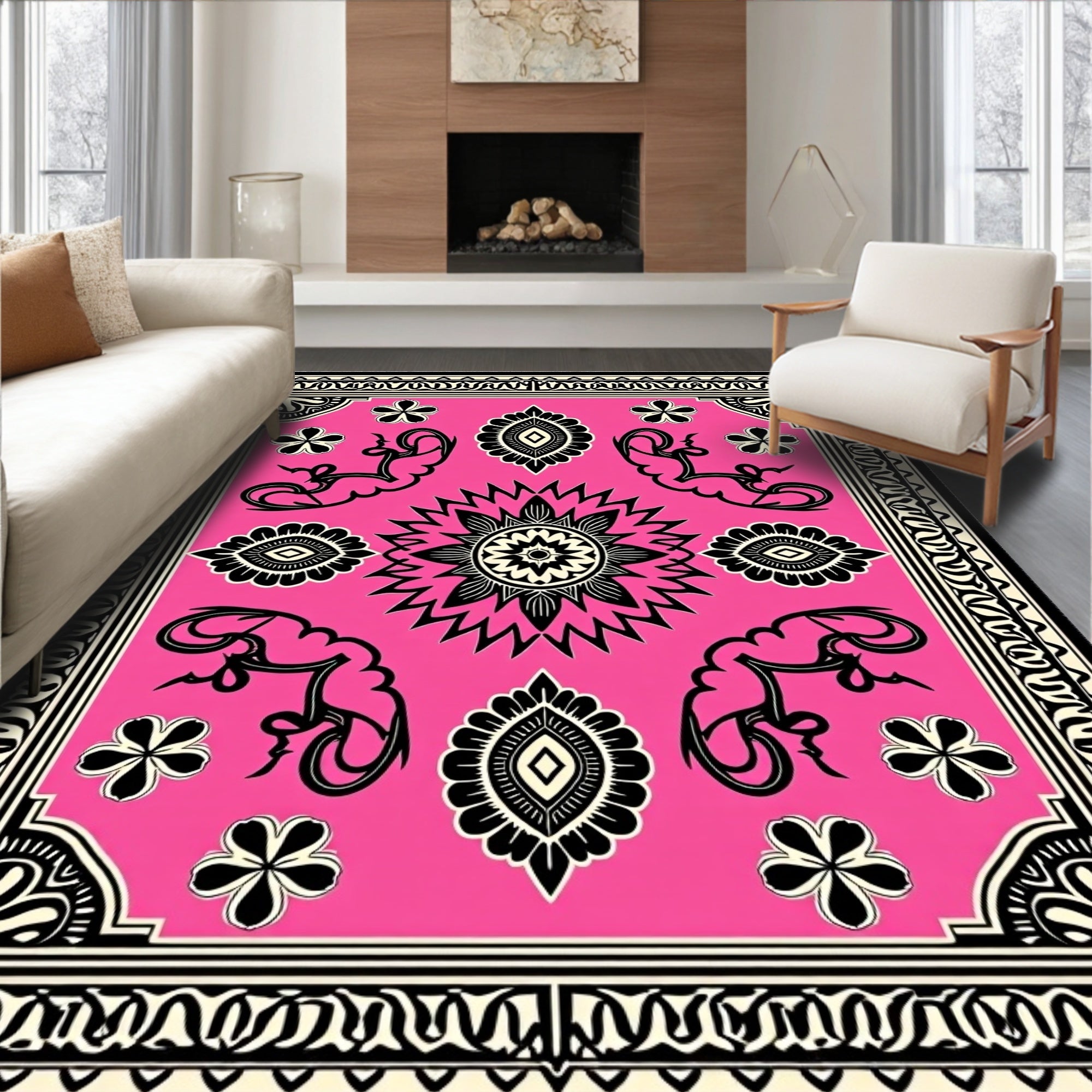 Bright Pink Folk Animal Medallion Rug