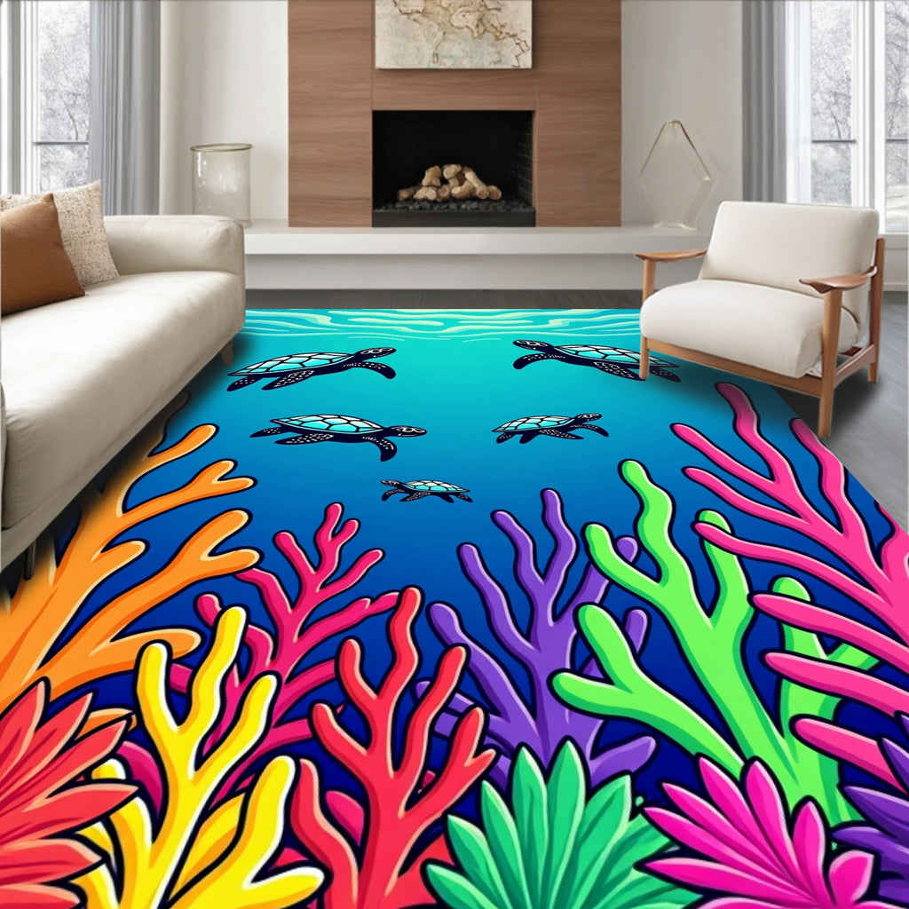 Oceanic Turtle Coral Reef Scene Rug