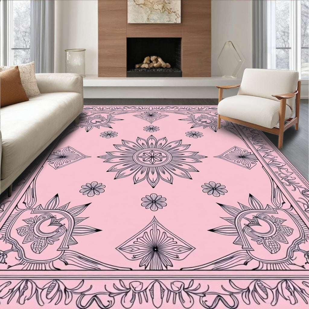 Pink Delicate Blooming Garden Scrollwork Rug