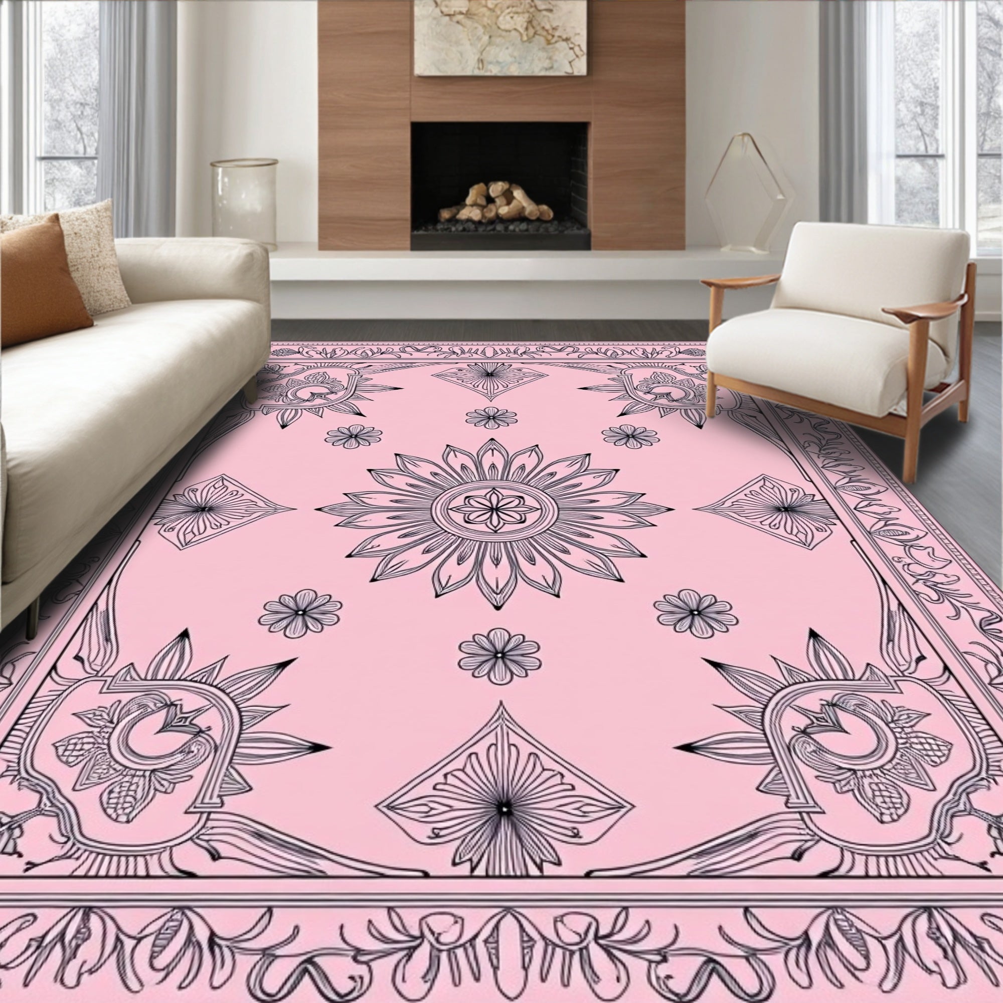 Pink Delicate Blooming Garden Scrollwork Rug
