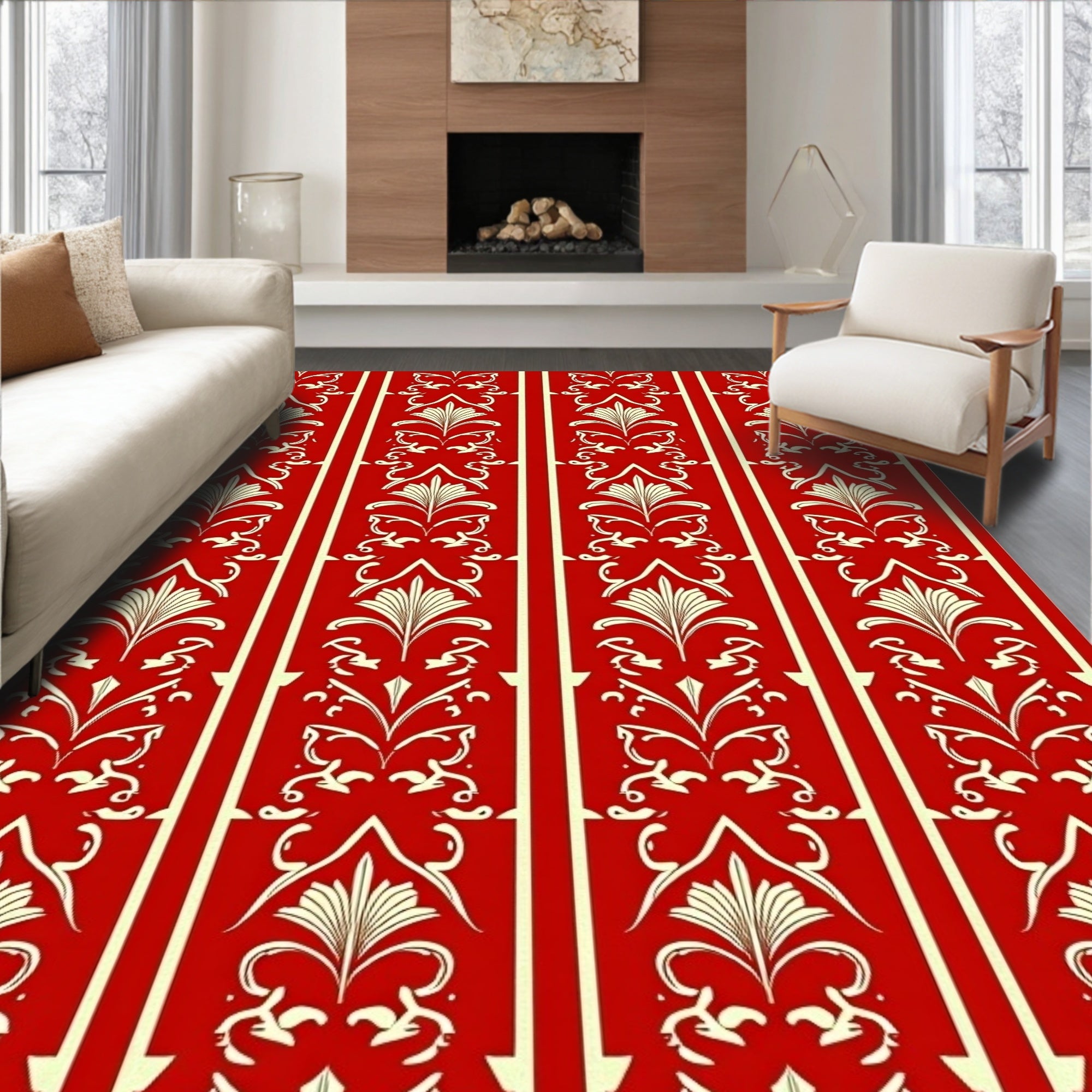 Crimson Vertical Floral Stripe Rug