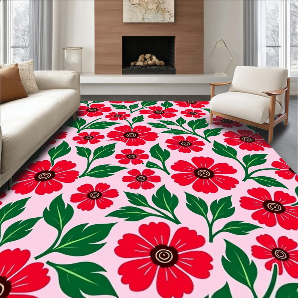 Crimson Red Flora Garden On Pink Rug