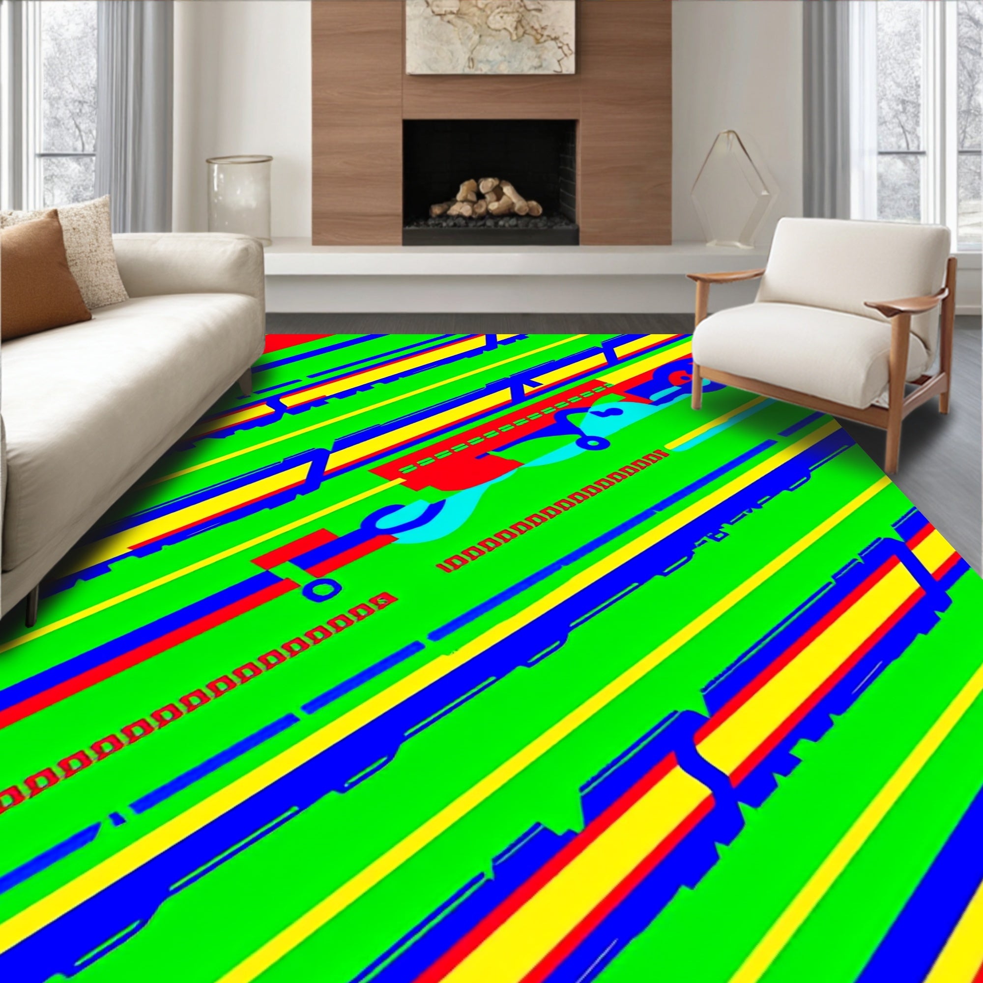 Vibrant Green Diagonal Stripe Abstract Rug