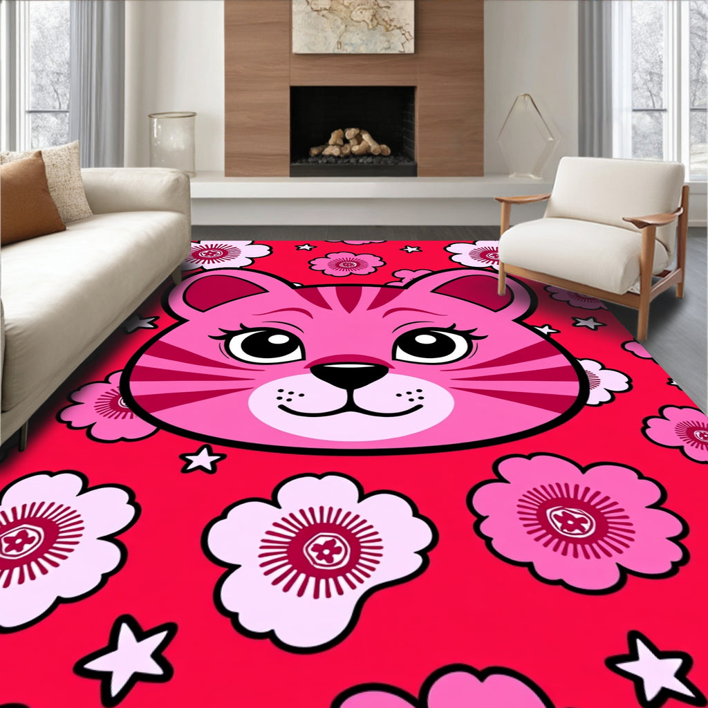 Pink Cat Floral Red Background Rug