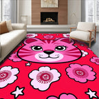 Pink Cat Floral Red Background Rug
