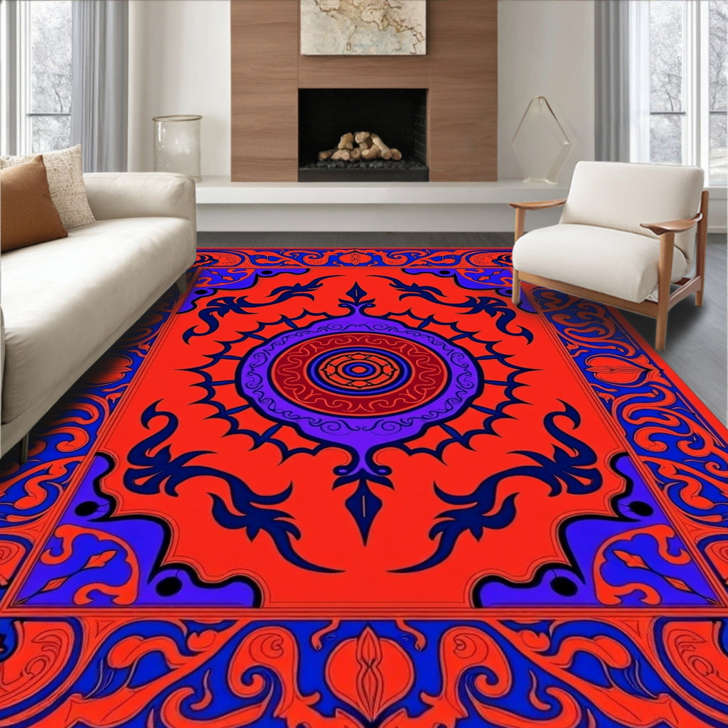 Vivid Red Blue Ornamented Medallion Rug