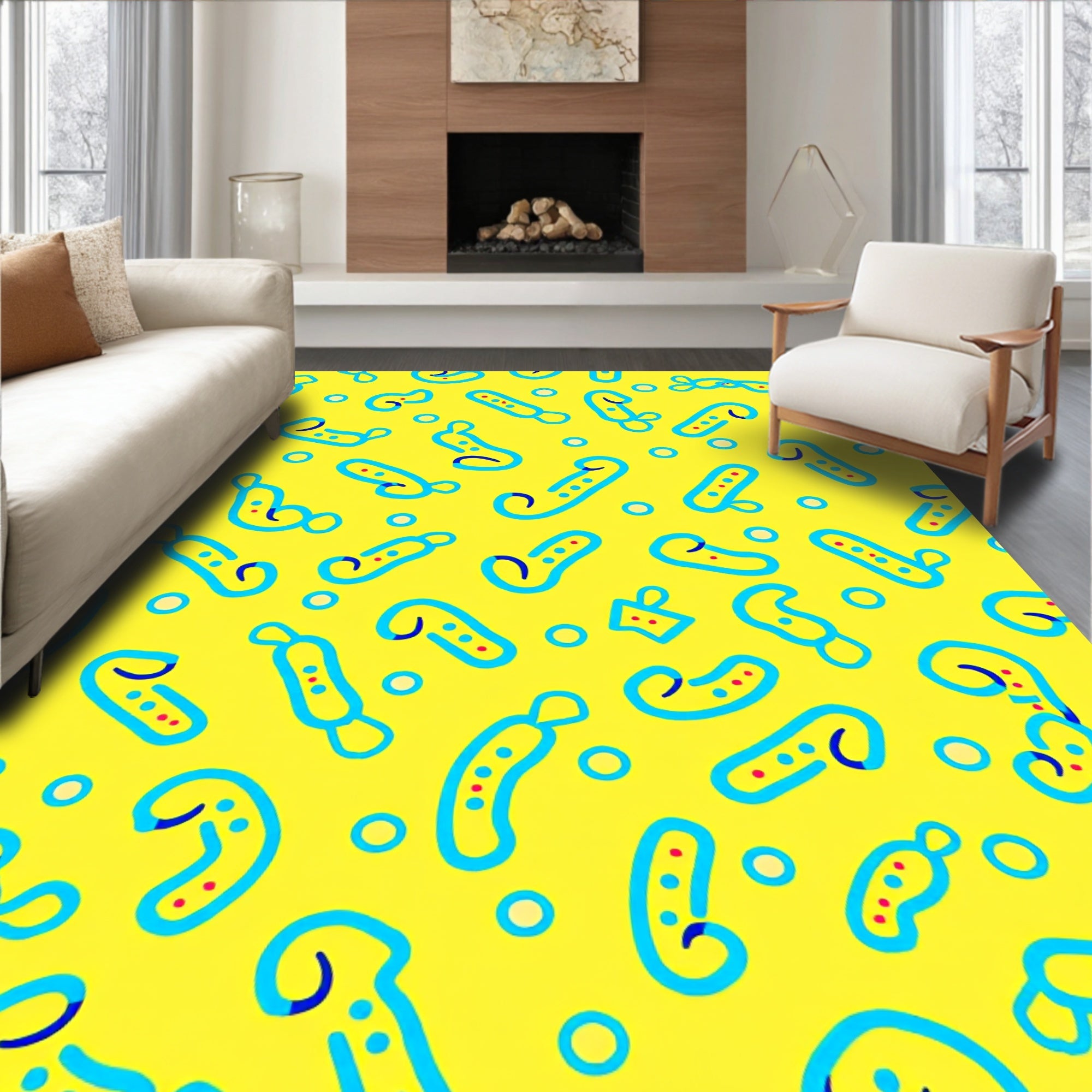 Yellow Blue Doodle Creature Sprinkle Rug