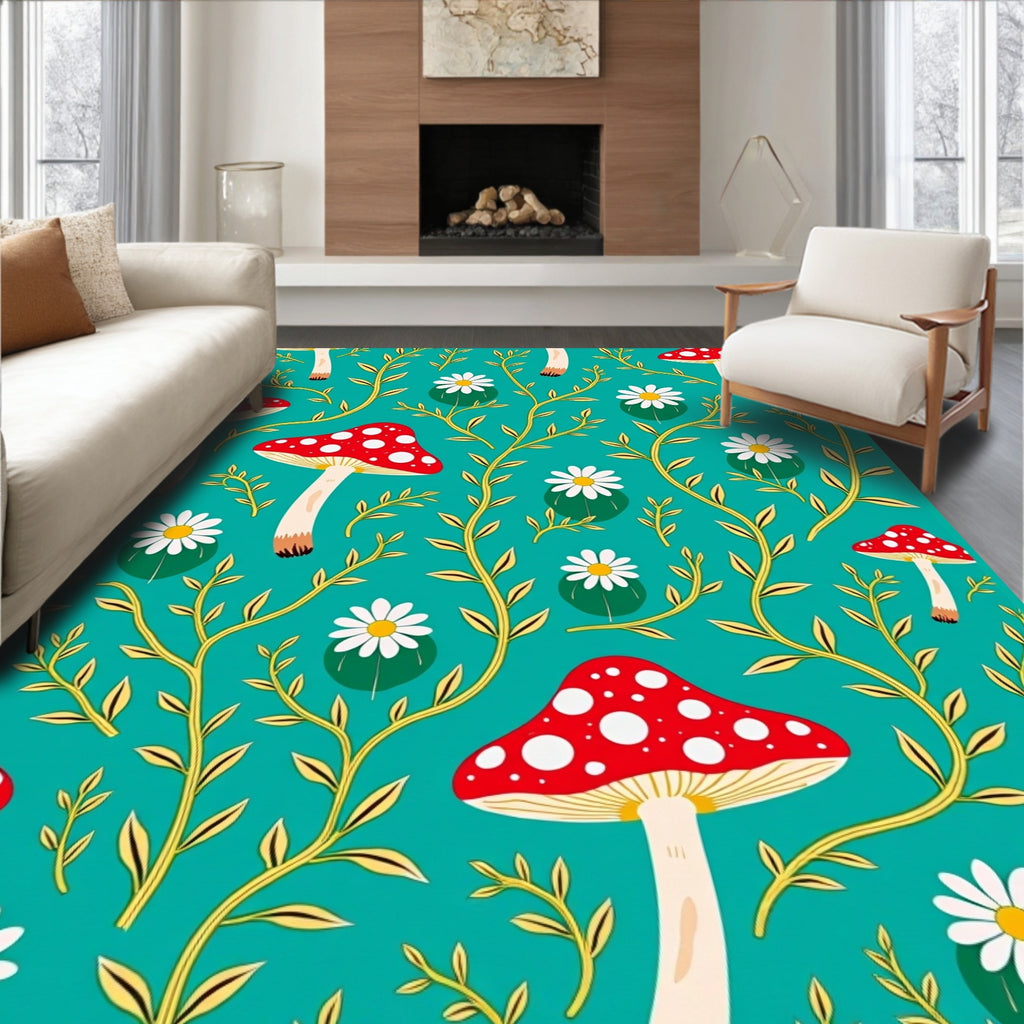 Whimsical Red Mushroom Floral Spray Rug