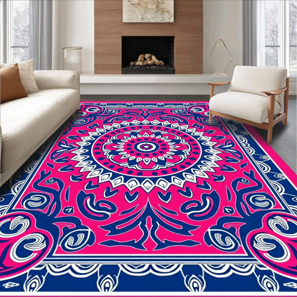 Vibrant Pink Blue Medallion Border Rug