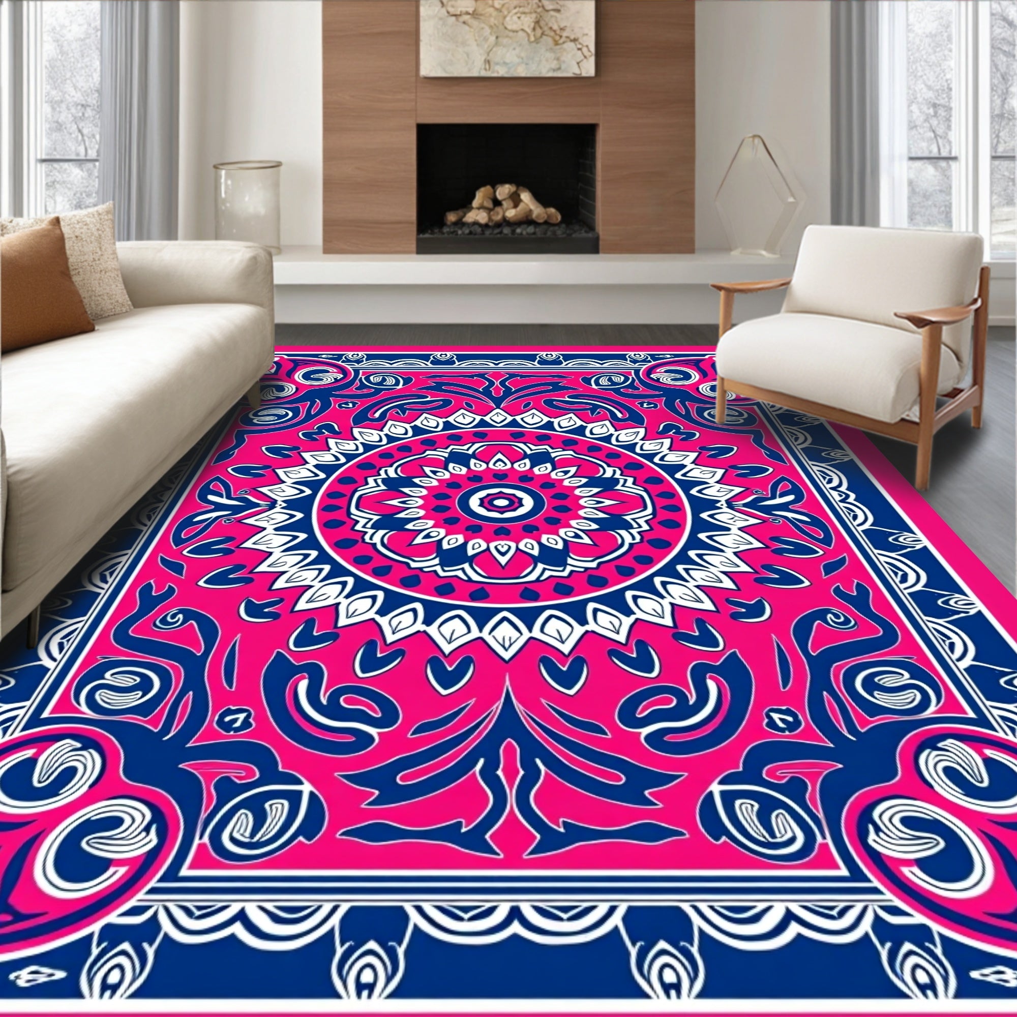 Vibrant Pink Blue Medallion Border Rug