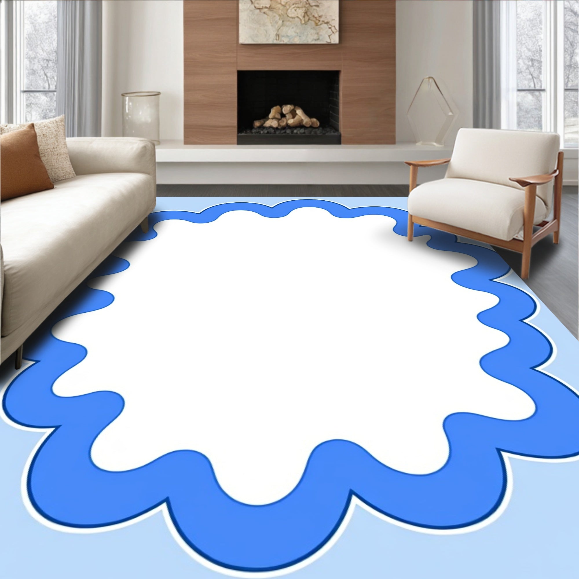 Blue Cloud Border Scalloped Rug