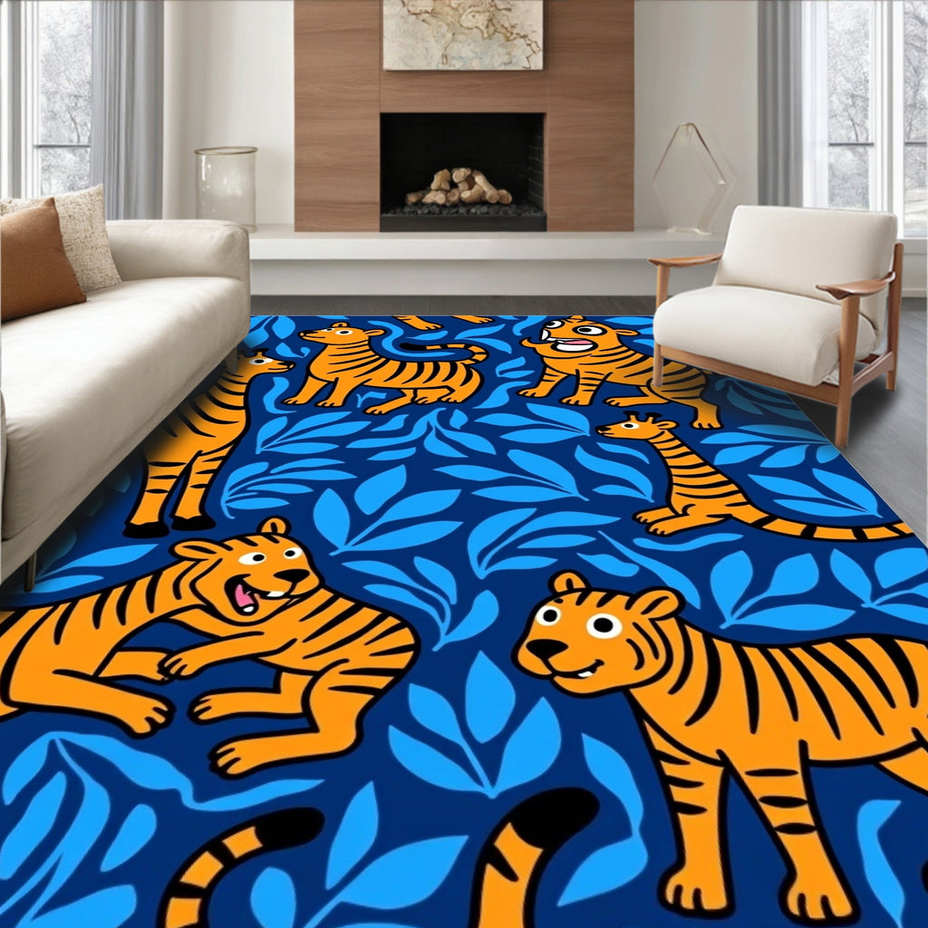 Orange Tigers Blue Leaves Jungle Rug