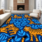 Orange Tigers Blue Leaves Jungle Rug