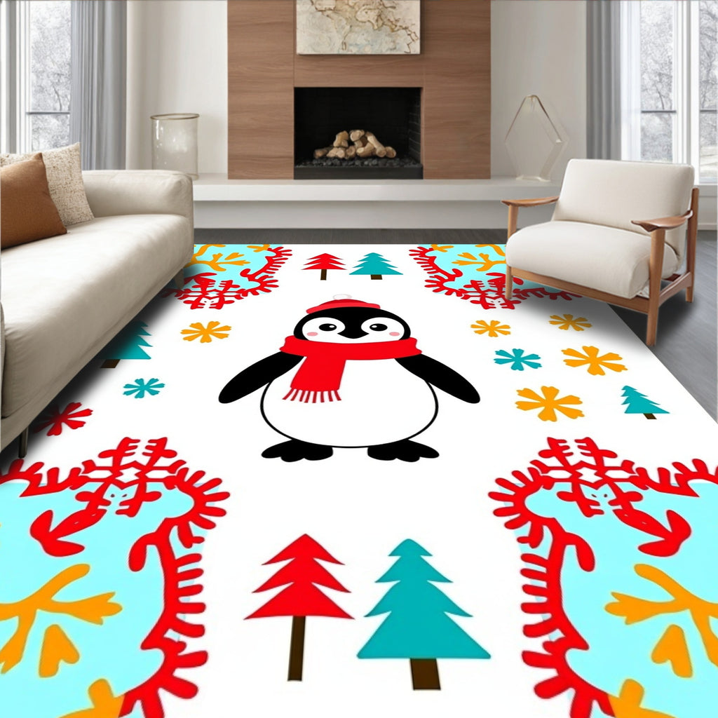 Festive Penguin Red Scarf Christmas Trees Rug